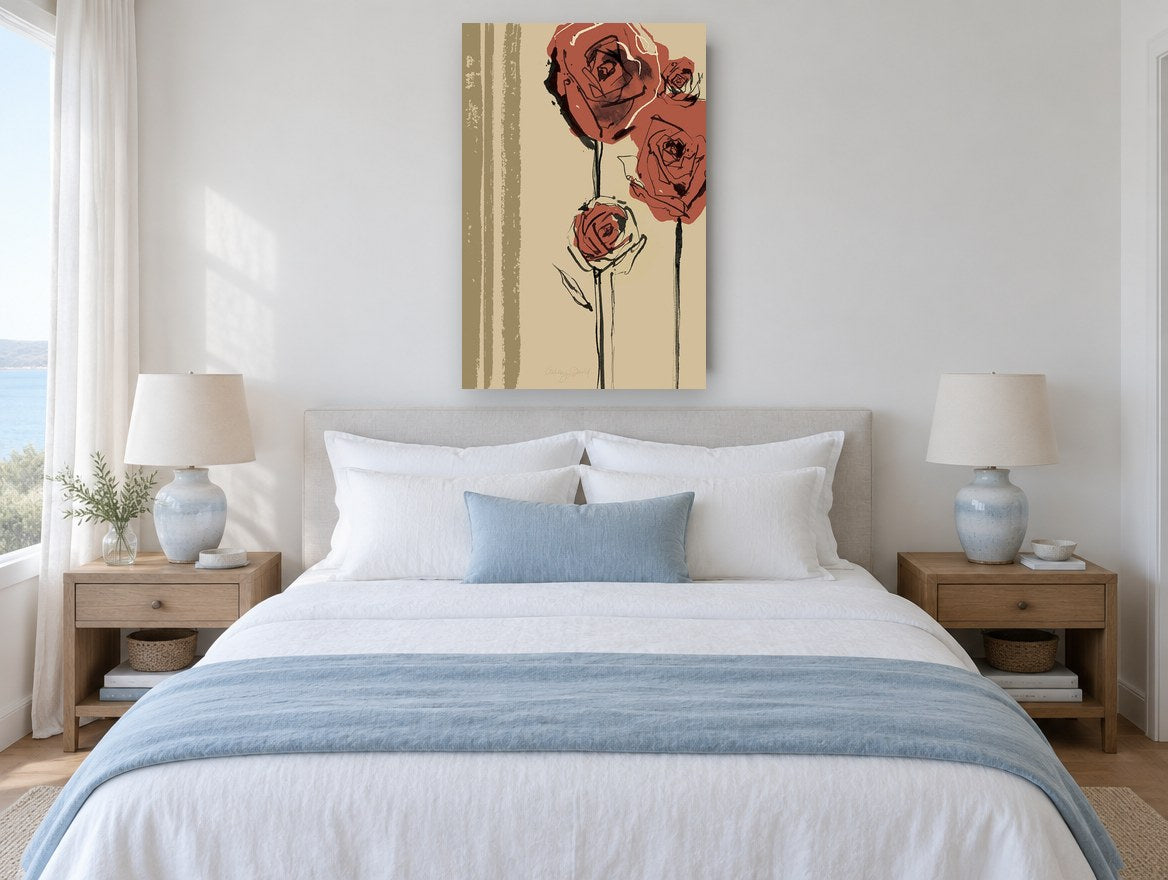 Rust Roses on Sand floral canvas print on the wall of a coastal bedroom