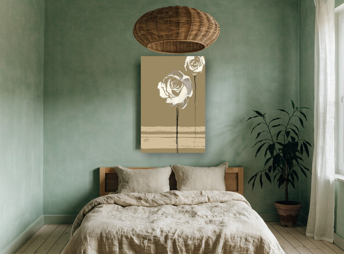 Two Cream Roses on Khaki floral canvas print on the wall of a bedroom