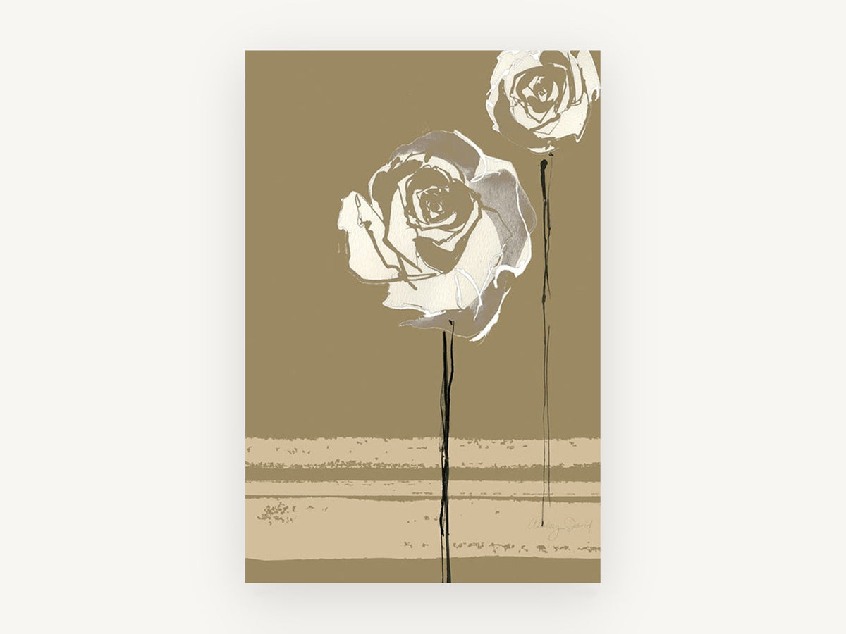 Two Cream Roses on Khaki, floral canvas wall art print, front view