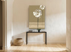 Two Cream Roses on Khaki floral canvas print on the wall of a hallway