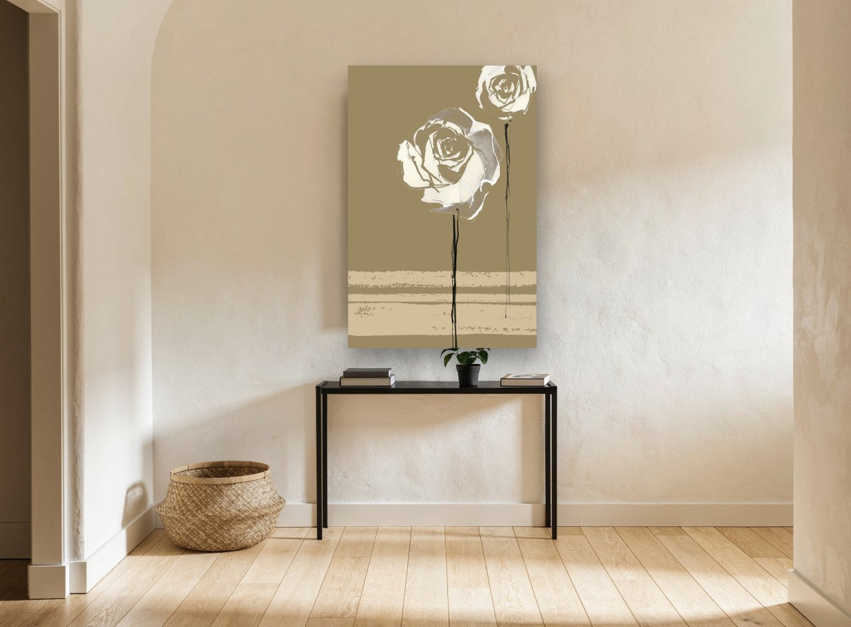 Two Cream Roses on Khaki floral canvas print on the wall of a hallway