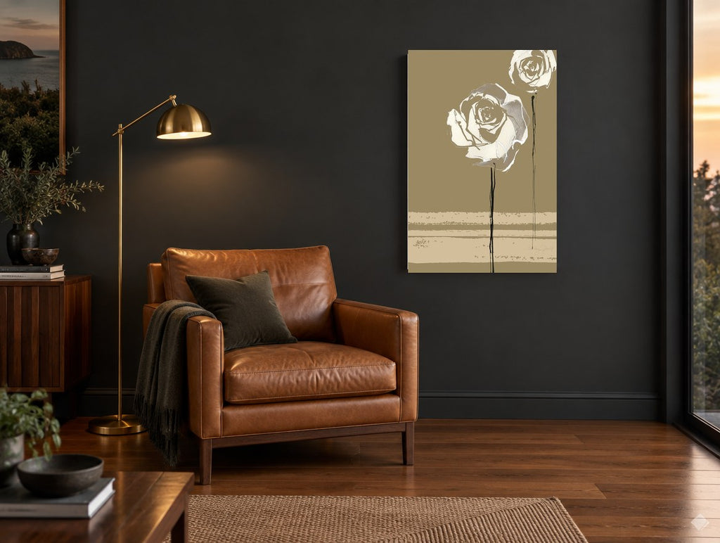 Two Cream Roses on Khaki floral canvas print on the wall of a charcoal living room