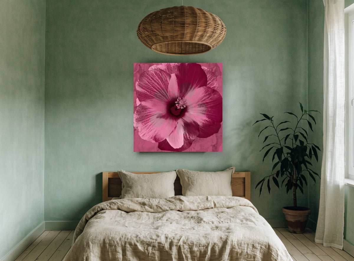 Magenta Hibiscus Bloom floral canvas print on the wall of a bedroom