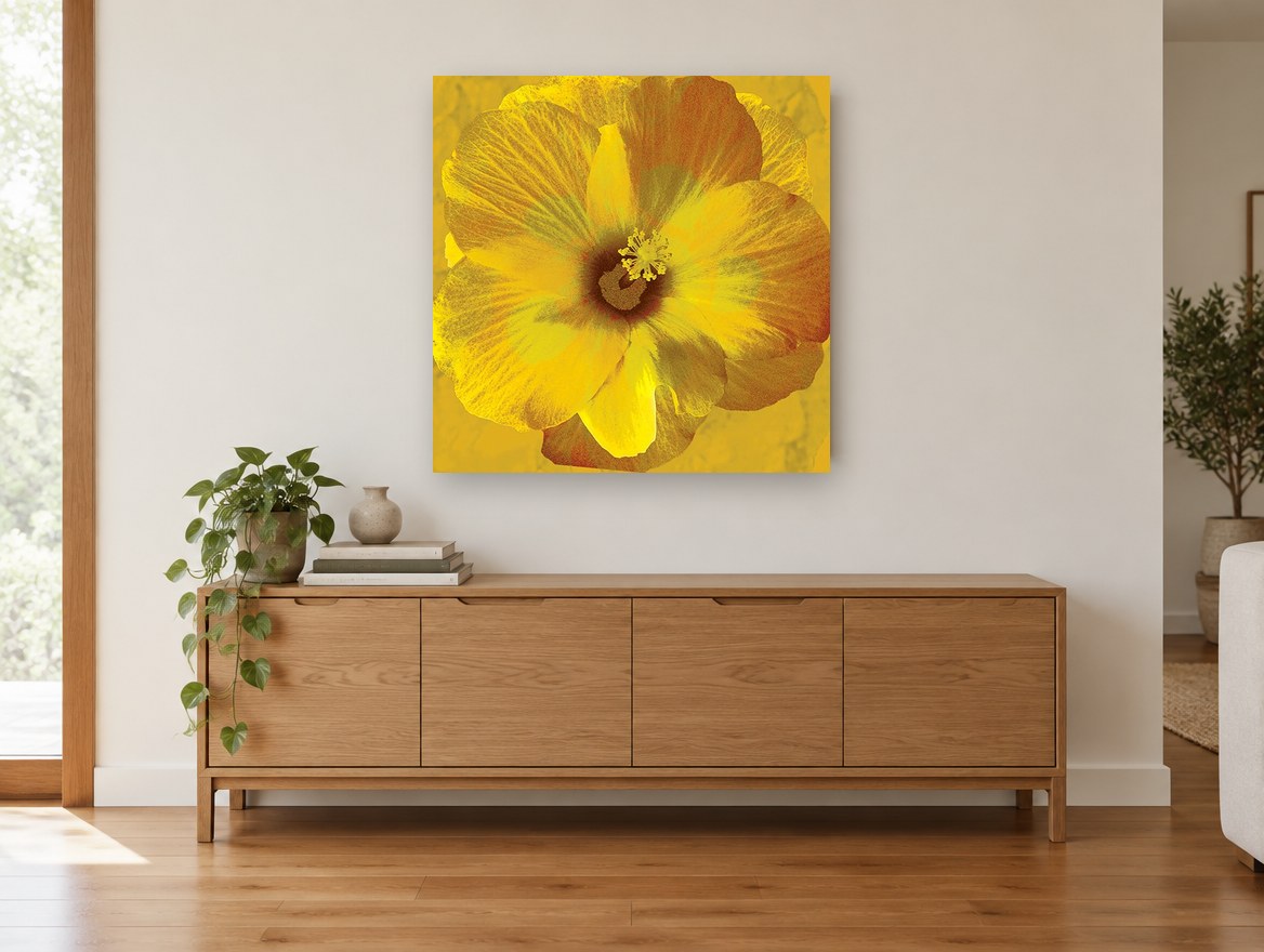 Golden Hibiscus Bloom floral canvas print on the wall of a living room above a sideboard