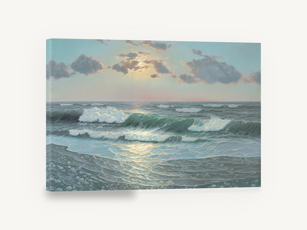 Pebble Shore Sunrise, sunlit ocean waves pebble beach seascape, coastal canvas wall art print ready to hang