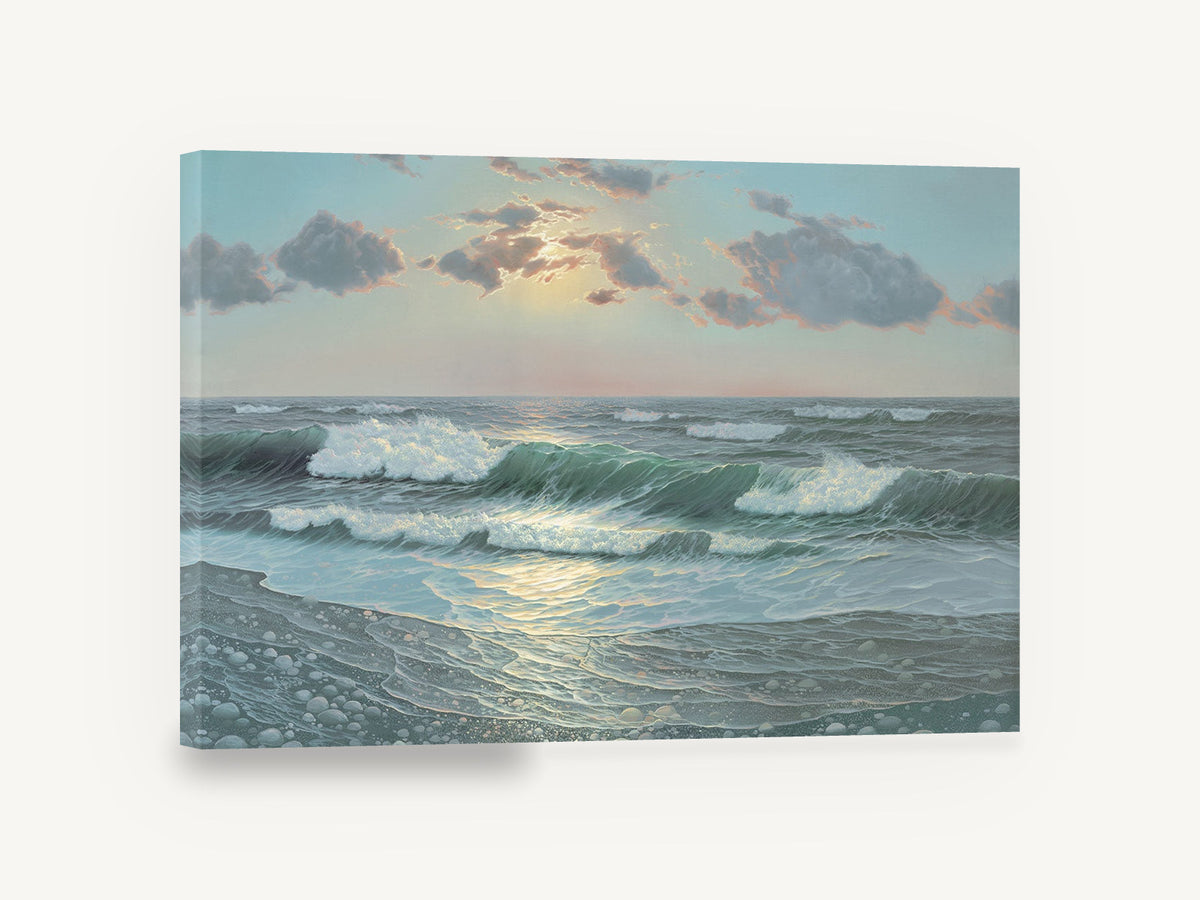 Pebble Shore Sunrise, sunlit ocean waves pebble beach seascape, coastal canvas wall art print ready to hang