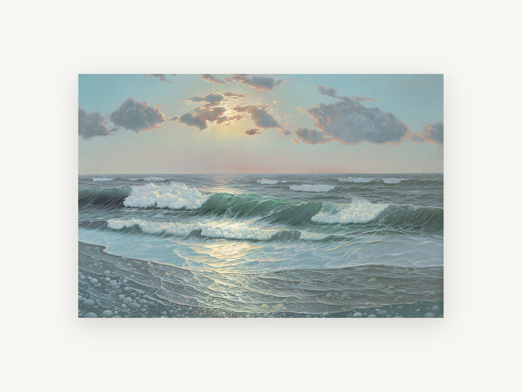 Pebble Shore Sunrise, coastal canvas wall art print, front view