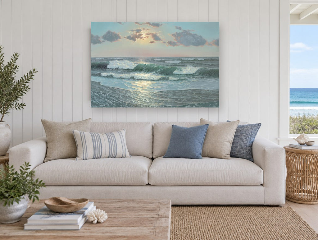 Pebble Shore Sunrise coastal canvas print on the wall of a beach house living room