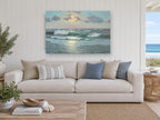 Pebble Shore Sunrise coastal canvas print on the wall of a beach house living room