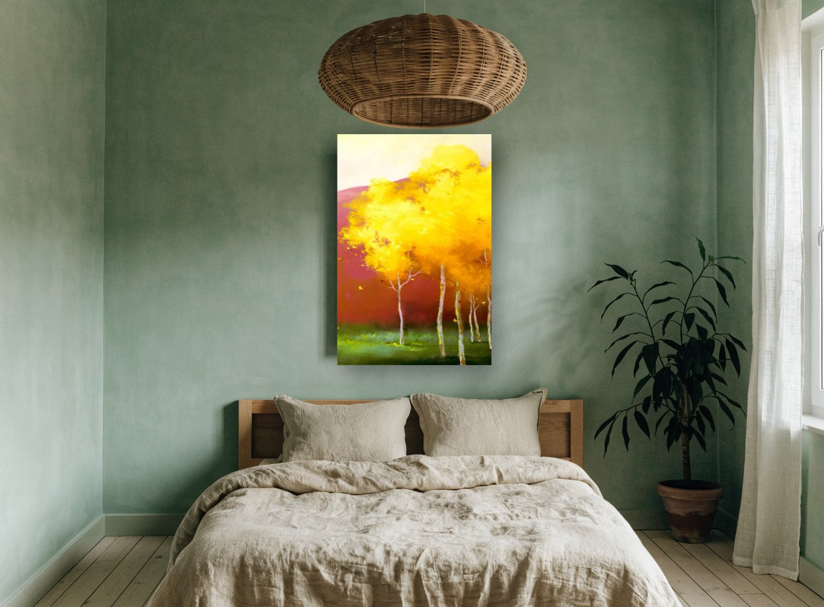 Golden Canopy Glow landscape canvas print on the wall of a bedroom