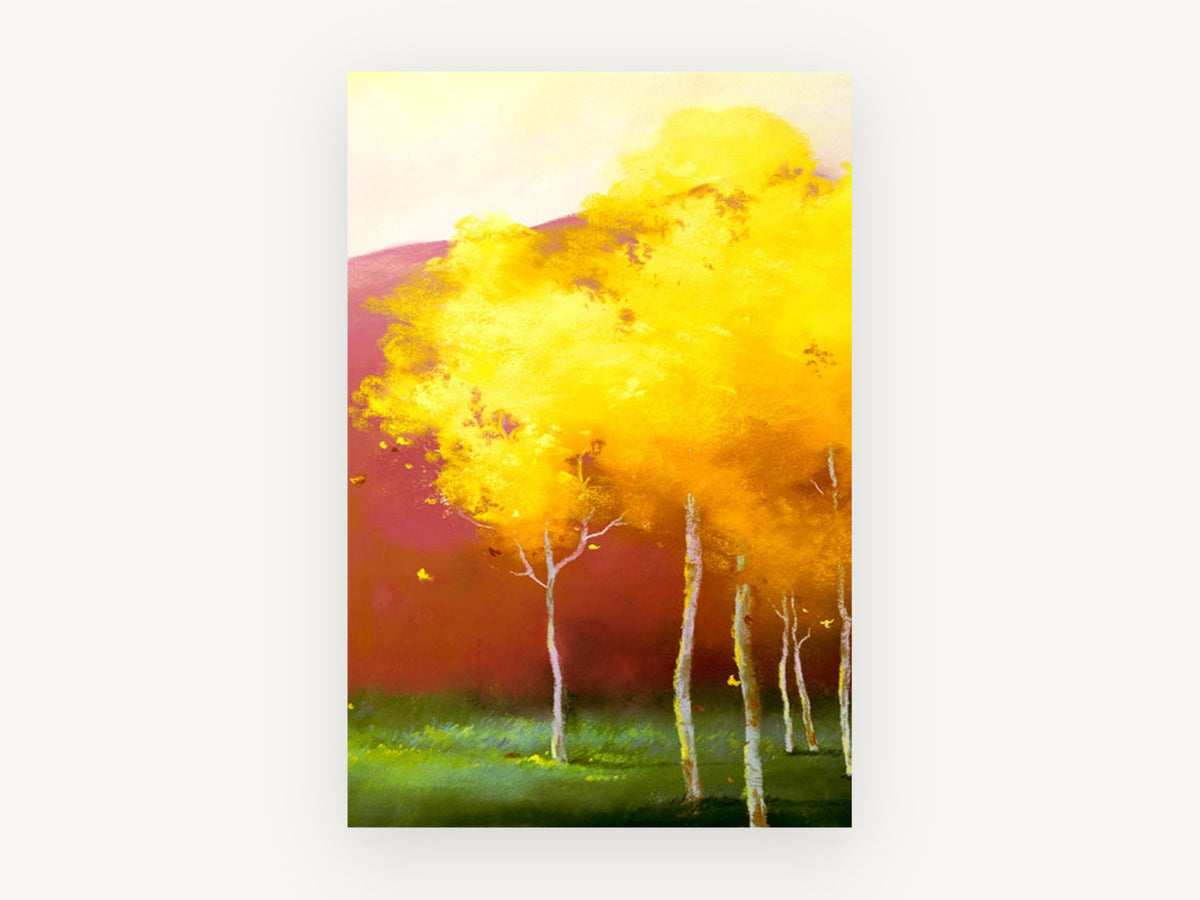 Golden Canopy Glow, golden autumn trees pastel landscape, landscape canvas wall art print, front view