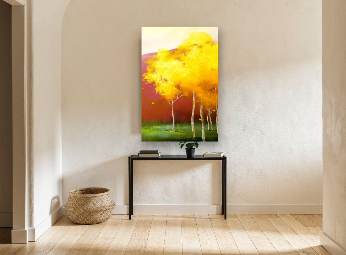 Golden Canopy Glow landscape canvas print on the wall of a hallway
