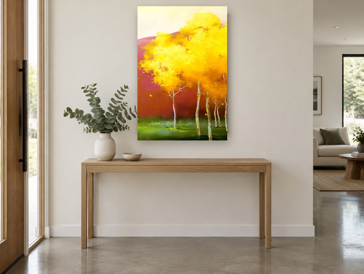 Golden Canopy Glow landscape canvas print on the wall of a entry hall