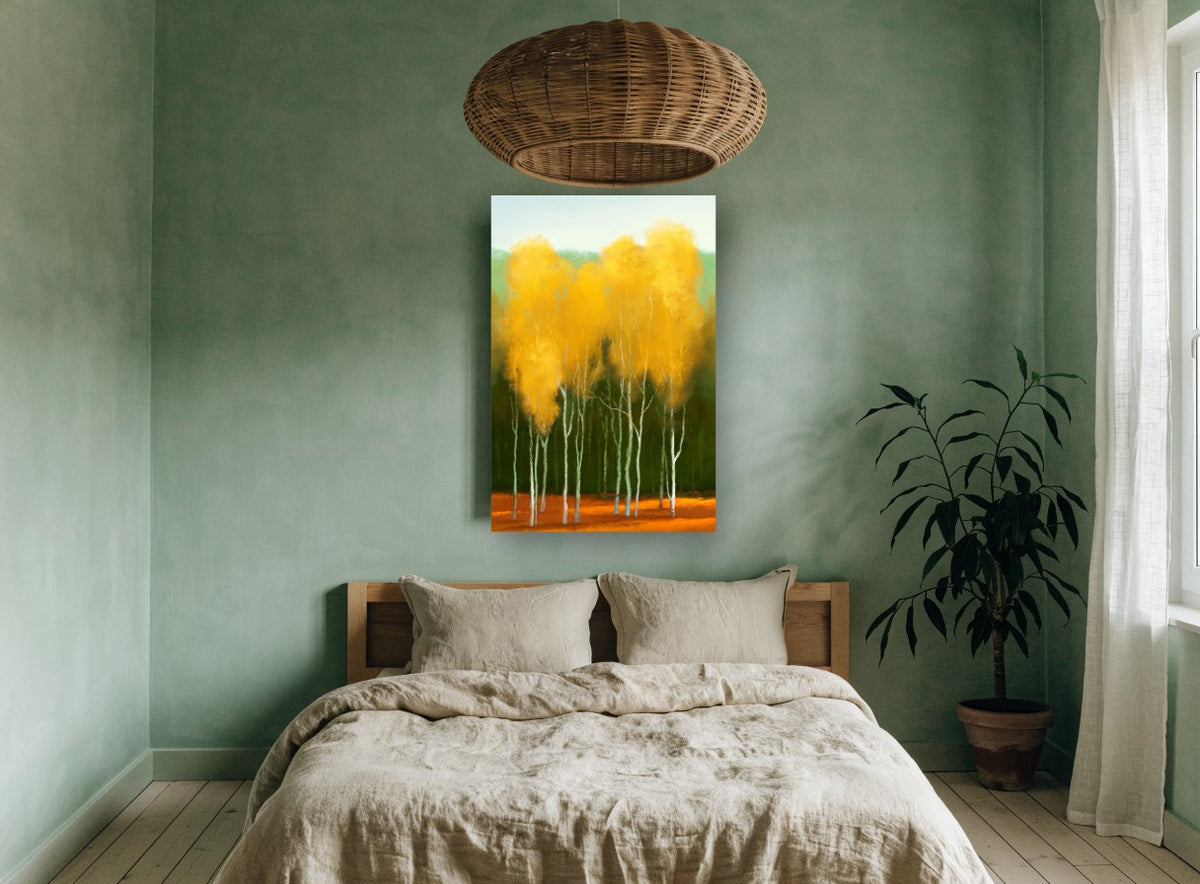 Amber Birch Crowns Rust Floor landscape canvas print on the wall of a bedroom