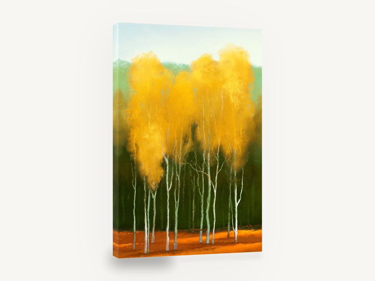 Amber Birch Crowns Rust Floor, golden birch trees autumn landscape, landscape canvas wall art print ready to hang