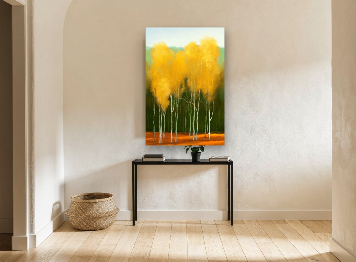 Amber Birch Crowns Rust Floor landscape canvas print on the wall of a hallway