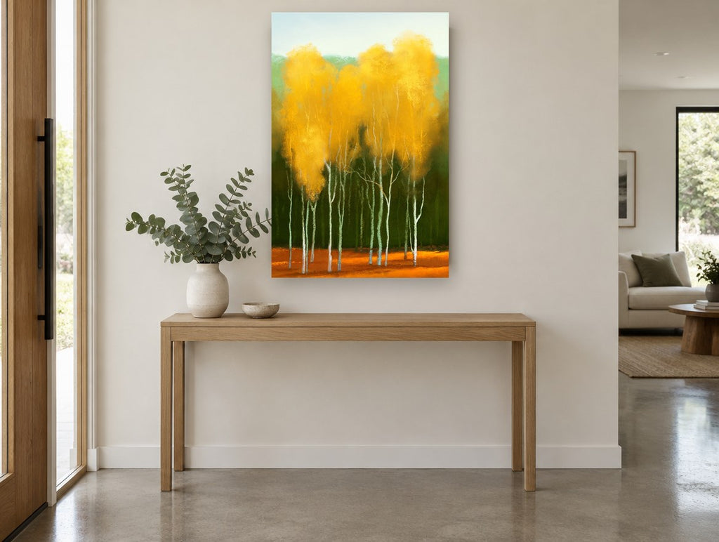 Amber Birch Crowns Rust Floor landscape canvas print on the wall of a entry hall