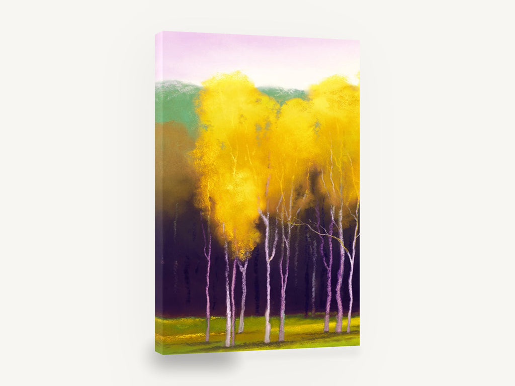 Violet Shadow Birch Sunburst, golden birch trees pastel landscape, landscape canvas wall art print ready to hang