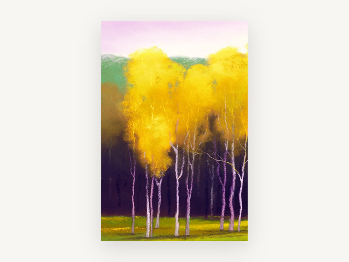 Violet Shadow Birch Sunburst, golden birch trees pastel landscape, landscape canvas wall art print, front view