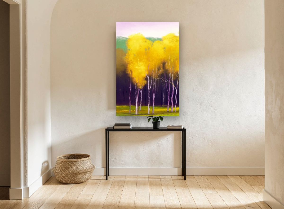 Violet Shadow Birch Sunburst landscape canvas print on the wall of a hallway