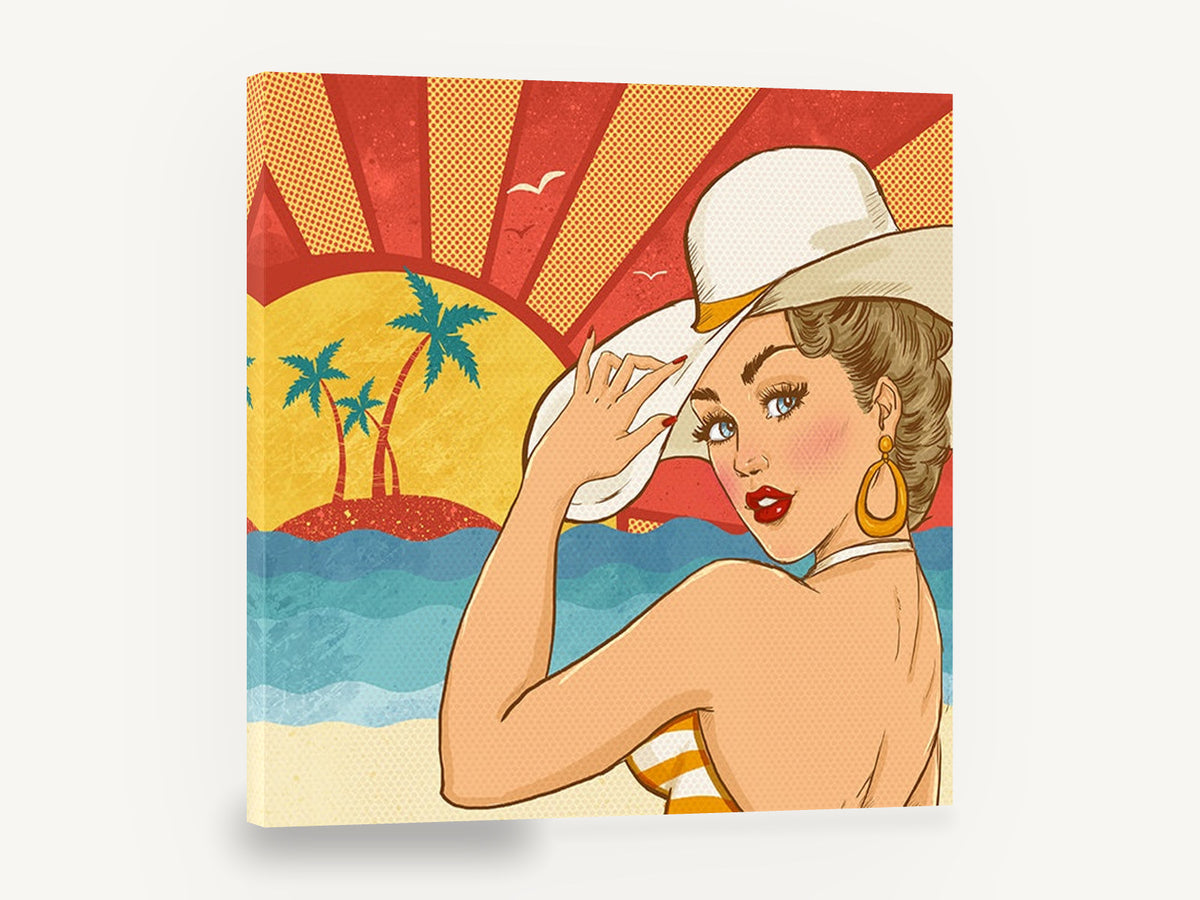 Sunset Beach Pin-Up, retro pop art beach girl, stretched canvas wall art print ready to hang