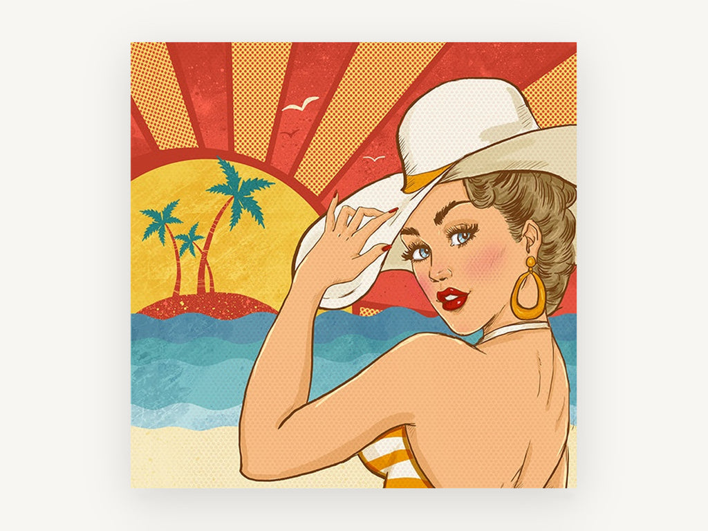 Sunset Beach Pin-Up, vintage canvas wall art print, front view