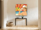 Sunset Beach Pin-Up vintage canvas print on the wall of a hallway