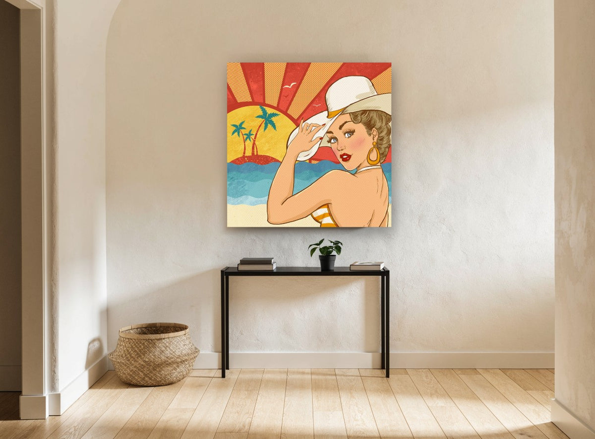 Sunset Beach Pin-Up vintage canvas print on the wall of a hallway