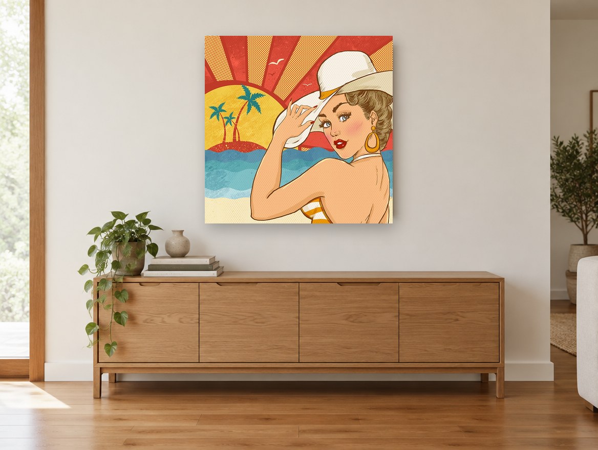 Sunset Beach Pin-Up vintage canvas print on the wall of a living room above a sideboard