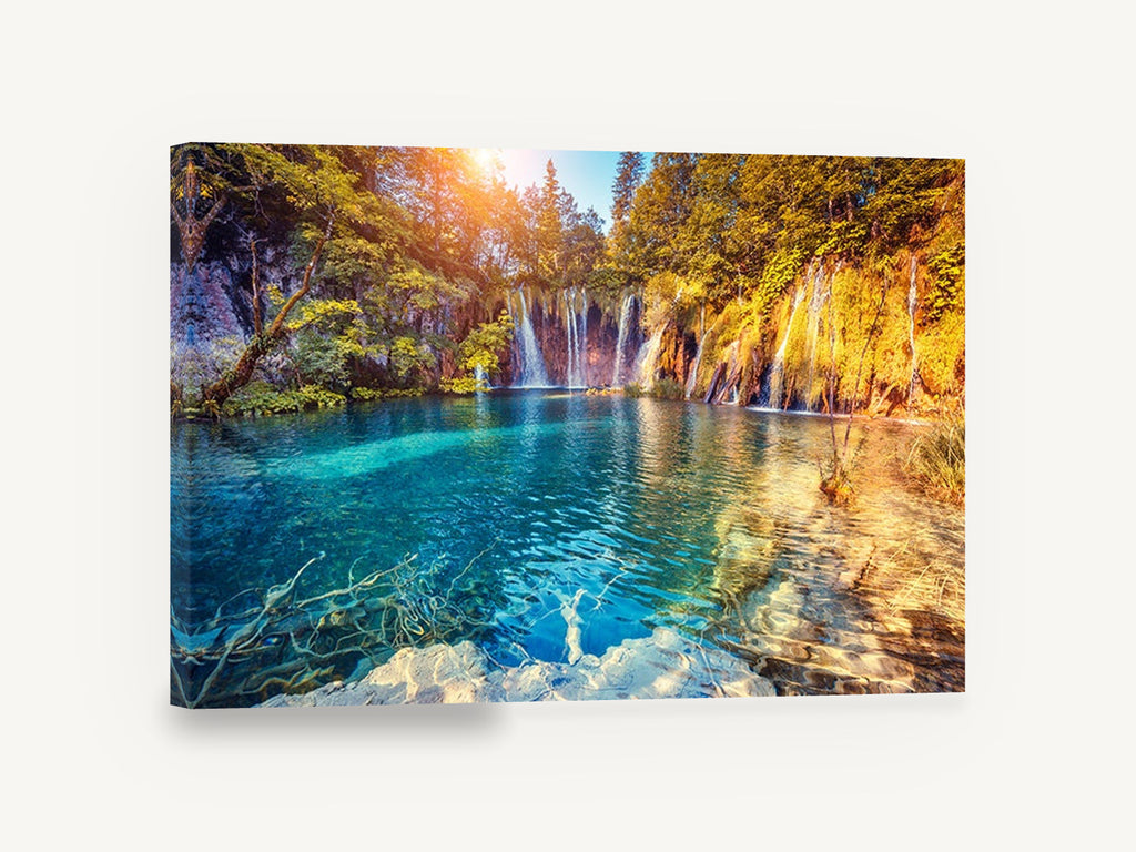 Turquoise Falls Sunburst, turquoise lake waterfall forest photograph, landscape canvas wall art print ready to hang