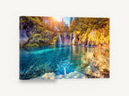 Turquoise Falls Sunburst, turquoise lake waterfall forest photograph, landscape canvas wall art print ready to hang