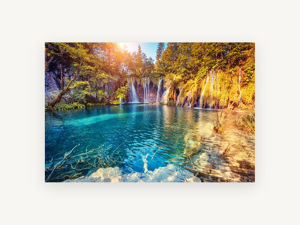 Turquoise Falls Sunburst, turquoise lake waterfall forest photograph, landscape canvas wall art print, front view