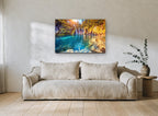 Turquoise Falls Sunburst landscape canvas print on the wall of a living room