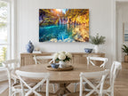 Turquoise Falls Sunburst landscape canvas print on the wall of a Hamptons dining room