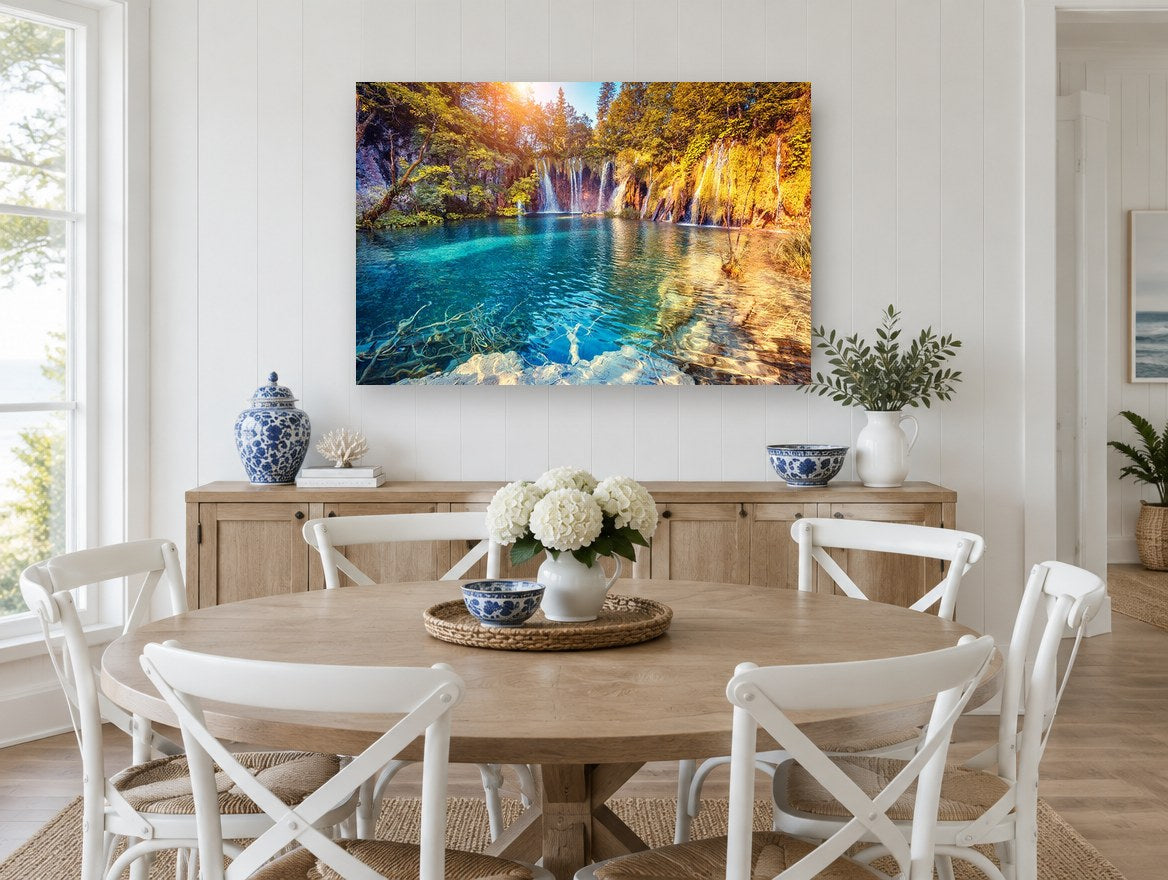 Turquoise Falls Sunburst landscape canvas print on the wall of a Hamptons dining room