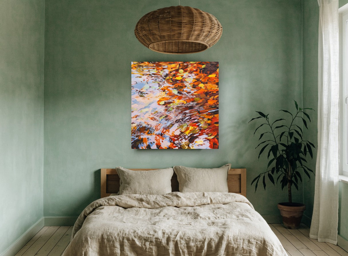 Autumn Pond Ripples landscape canvas print on the wall of a bedroom