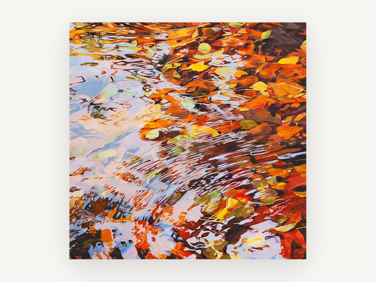 Autumn Pond Ripples, autumn leaves pond ripples painting, landscape canvas wall art print, front view