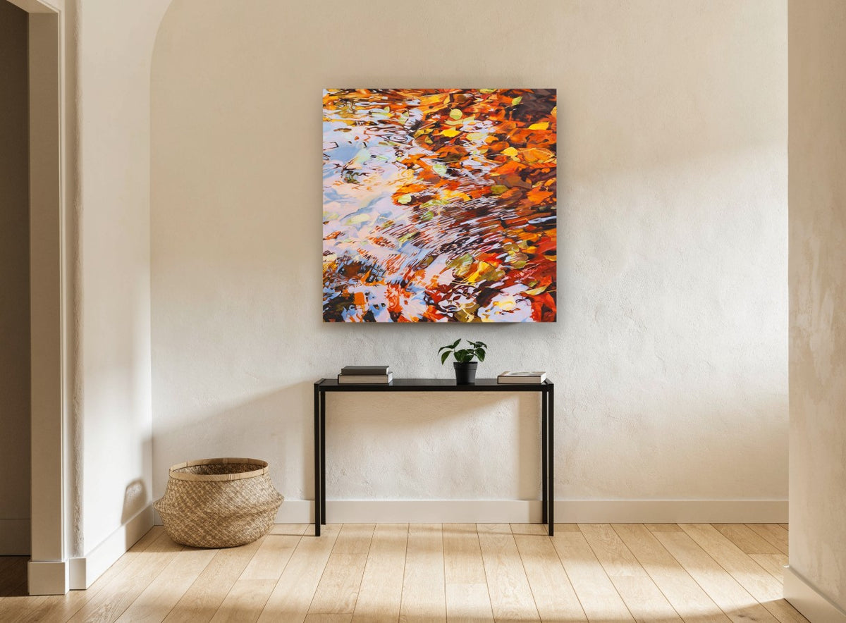 Autumn Pond Ripples landscape canvas print on the wall of a hallway