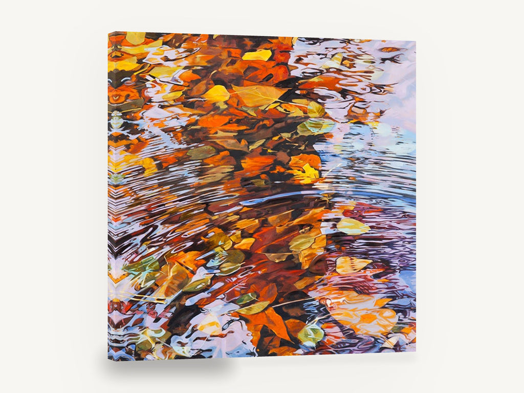 Autumn Leaf Ripples, autumn leaves pond ripples artwork, landscape canvas wall art print ready to hang