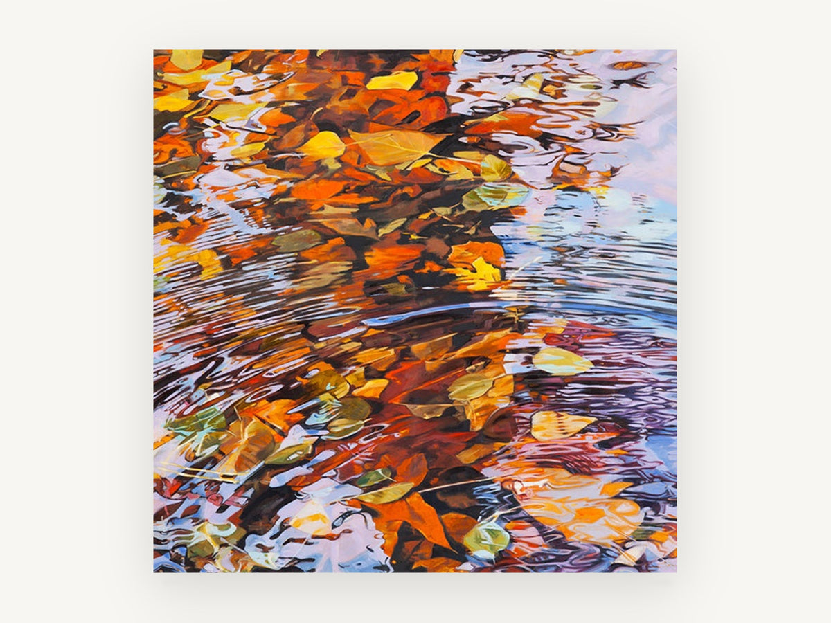 Autumn Leaf Ripples, autumn leaves pond ripples artwork, landscape canvas wall art print, front view