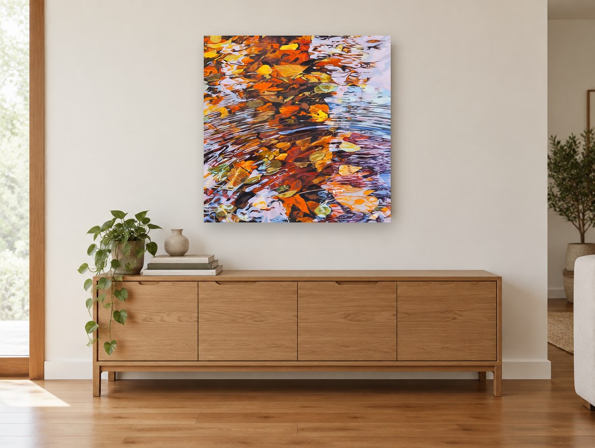 Autumn Leaf Ripples landscape canvas print on the wall of a living room above a sideboard