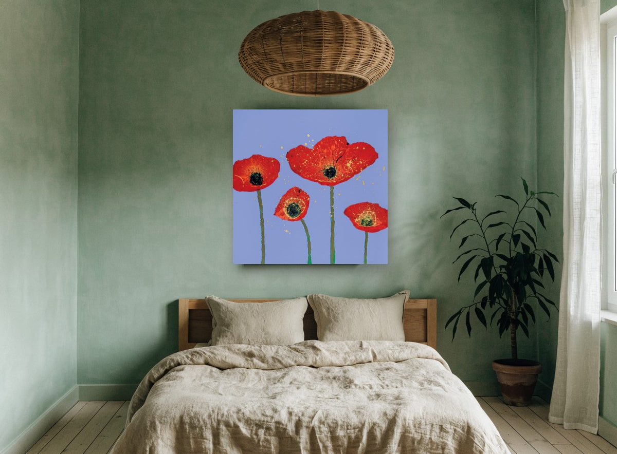 Red Poppies on Periwinkle floral canvas print on the wall of a bedroom