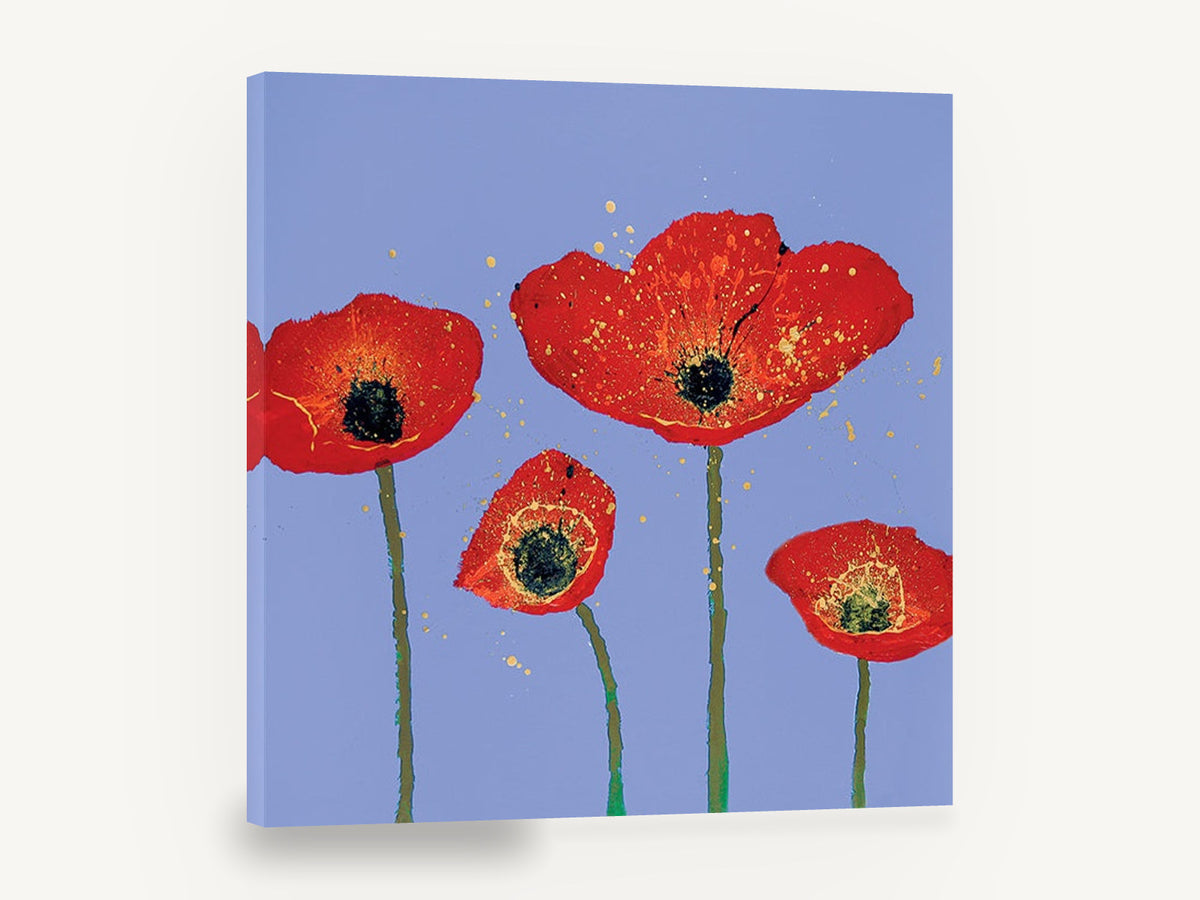 Red Poppies on Periwinkle, red poppies periwinkle blue floral painting, floral canvas wall art print ready to hang