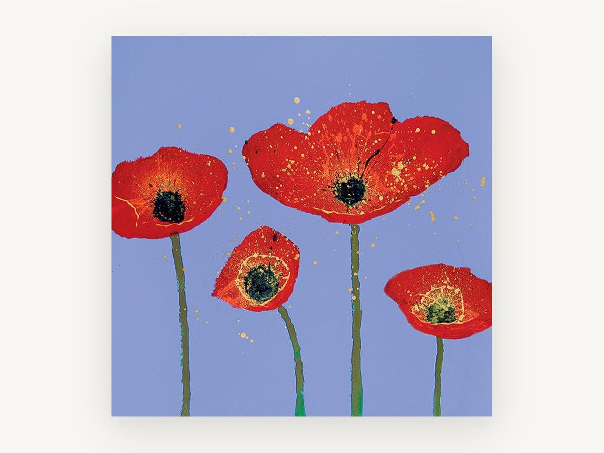 Red Poppies on Periwinkle, floral canvas wall art print, front view
