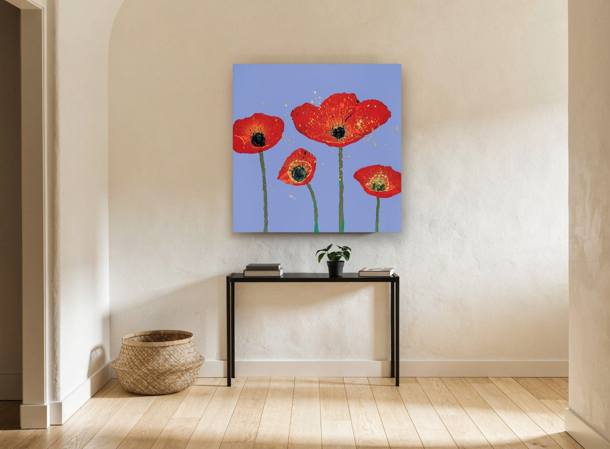 Red Poppies on Periwinkle floral canvas print on the wall of a hallway