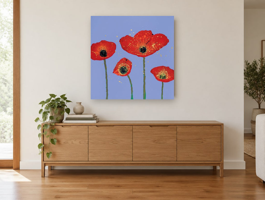 Red Poppies on Periwinkle floral canvas print on the wall of a living room above a sideboard