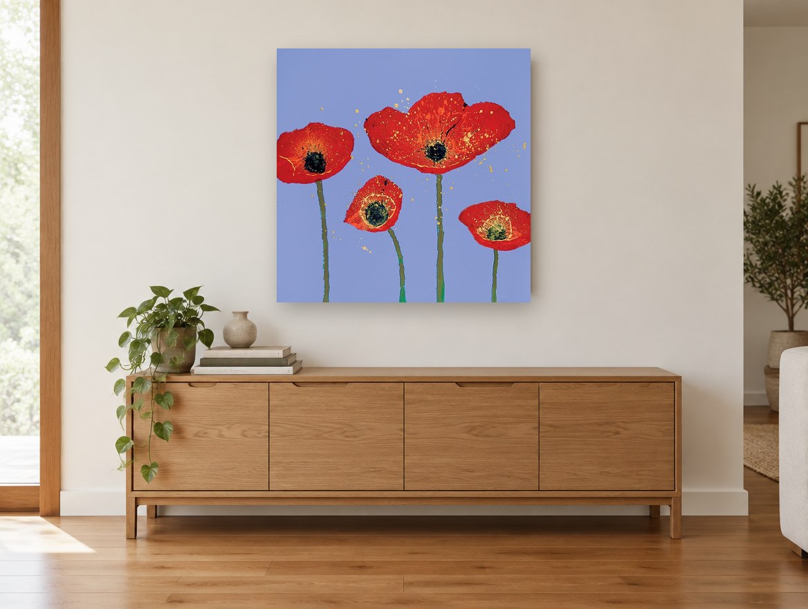 Red Poppies on Periwinkle floral canvas print on the wall of a living room above a sideboard