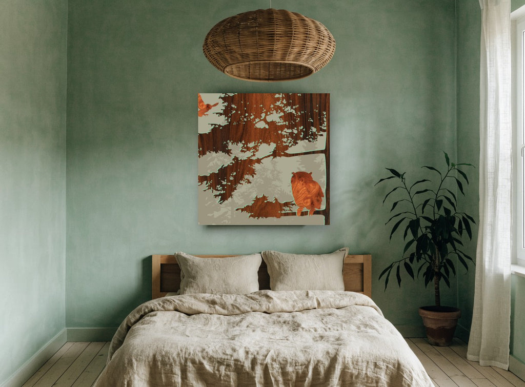 Owl in the Woodgrain floral canvas print on the wall of a bedroom