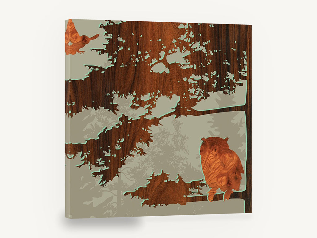 Owl in the Woodgrain, owl silhouette woodgrain forest illustration, floral canvas wall art print ready to hang