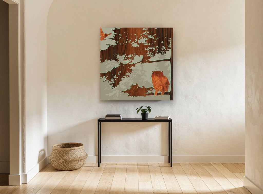 Owl in the Woodgrain floral canvas print on the wall of a hallway